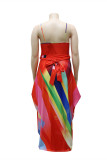 Vestido cor de arco-íris moda sexy plus size estampado sem costas alça de espaguete sem manga