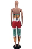 Turquoise Sexy Casual Print Tie Dye Hollowed Out Backless V Neck Regular Jumpsuits