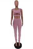 Pink Casual Sportswear Solid Hollowed Out U Neck Sleeveless Two Pieces