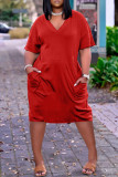 Rose Red Fashion Casual Solid Basic V-hals Jurk met Korte Mouwen