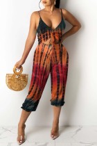 Tangerine Red Sexy Casual Print Tie Dye Hollowed Out Backless V Neck Regular Jumpsuits