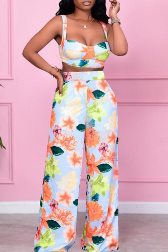 White Sexy Print Patchwork Spaghetti Strap Sleeveless Two Pieces