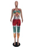 Red Blue Sexy Casual Print Tie Dye Hollowed Out Backless V Neck Regular Jumpsuits