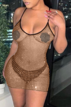 Vestidos de falda de lápiz de correa de espagueti transparentes sólidos sexy marrón