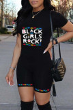 Black Fashion Casual Letter Print Basic O-hals Skinny Romper