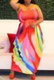 Regenbogenfarbe Mode Sexy Plus Size Print rückenfreies Spaghettiträger ärmelloses Kleid