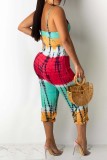 Red Blue Sexy Casual Print Tie Dye Hollowed Out Backless V Neck Regular Jumpsuits