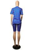 Blue Fashion Casual Letter Dot Print Basic O Neck Short Sleeve Two Pieces