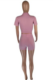 ピンクファッションカジュアルソリッドベーシックターンダウンカラー半袖ツーピース