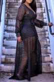Black Fashion Sexy Solid Hollowed Out See-through V Neck Long Sleeve Plus Size Two Pieces