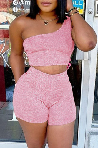 Pink Sexy Casual Solid Backless Sleeveless Two Pieces One Shoulder Crop Top And Short Sets