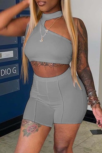 Grey Sexy Casual Solid Hollowed Out Half A Turtleneck Sleeveless Two Pieces