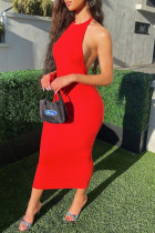 Rode mode sexy effen rugloze O-hals mouwloze jurk