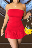 Rote, sexy, solide, trägerlose A-Linien-Kleider mit Volant