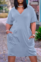 Голубое модное повседневное однотонное базовое платье с v-образным вырезом и коротким рукавом