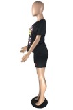 Black Fashion Casual Print Basic O Neck Short Sleeve Two Pieces