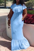 Небесно-голубое модное повседневное однотонное лоскутное платье с круглым вырезом и коротким рукавом