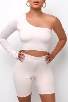 Weiß Casual Sportswear Solid Basic Schräger Kragen Langarm Zweiteiler
