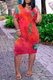 Orange Mode Casual Tie Dye Printing V-hals kortärmad klänning