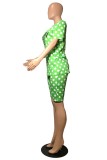 Зеленая мода повседневная с буквенным принтом в горошек, базовая, с круглым вырезом, с коротким рукавом, из двух частей