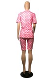 Pink Fashion Casual Letter Dot Print Basic O Neck Short Sleeve Two Pieces