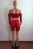 Red Street Solid Bandage Strapless Long Sleeve Two Pieces