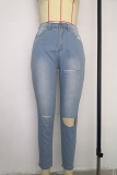 Medium blauwe casual patchwork bandage skinny jeans met halfhoge taille
