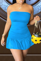 Blauwe sexy effen volant strapless A-lijn jurken