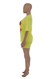 amarillo moda casual estampado básico o cuello manga corta dos piezas