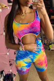 Multicolor Fashion Sexy Print Tie Dye Hollowed Out Strap Design U Neck Sleeveless Two Pieces