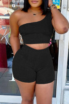 Black Sexy Casual Solid Backless Sleeveless Two Pieces One Shoulder Crop Top And Short Sets