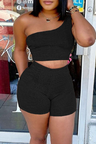 Black Sexy Casual Solid Backless Sleeveless Two Pieces One Shoulder Crop Top And Short Sets