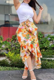 Оранжевая модная повседневная асимметричная юбка с высокой талией и принтом