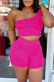 Pink Sexy Casual Solid Backless Sleeveless Two Pieces One Shoulder Crop Top And Short Sets