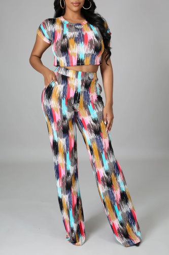 Pink Sexy Print Patchwork O Neck Short Sleeve Two Pieces