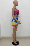 Multicolor Fashion Sexy Print Tie Dye Hollowed Out Strap Design U Neck Sleeveless Two Pieces