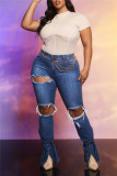 Baby Blue Fashion Casual Solid Hollowed Out Slit High Waist Regular Ripped Denim Jeans