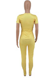 amarillo moda casual estampado básico o cuello manga corta dos piezas