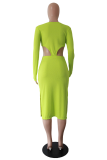 蛍光グリーンのセクシーなソリッドホローアウトVネックペンシルスカートドレス