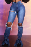 Baby Blue Fashion Casual Solid Hollowed Out Slit High Waist Regular Ripped Denim Jeans