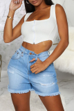 Baby Blue Casual Patchwork Mid Waist Straight Distressed Ripped Denim Shorts