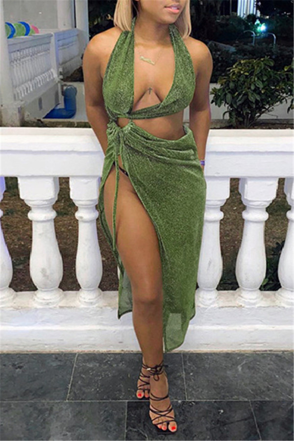 Чернильно-зеленое модное сексуальное однотонное платье без рукавов с открытой спиной и разрезом на шее