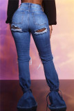 Babyblått Mode Casual Solid Ripped urholkad slits Hög midja vanliga jeans