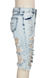 Синие сексуальные однотонные рваные обтягивающие джинсовые шорты со средней талией