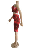 Red Fashion Casual Print Tie Dye Backless Spaghetti Strap Sleeveless Two Pieces