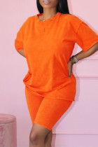 オレンジファッションカジュアルソリッドベーシックOネック半袖ツーピース