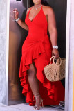 Rotes Mode-reizvolles festes rückenfreies Halter-unregelmäßiges Kleid