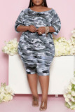 Gris Fashion Casual Camouflage Print Basic O Neck Three Quarter Two Pieces