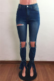 Babyblauwe mode casual effen gescheurde uitgeholde spleet hoge taille regular jeans