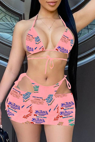 Pink Fashion Sexy Letter Print Backless Strap Design Swimwears dreiteiliges Set